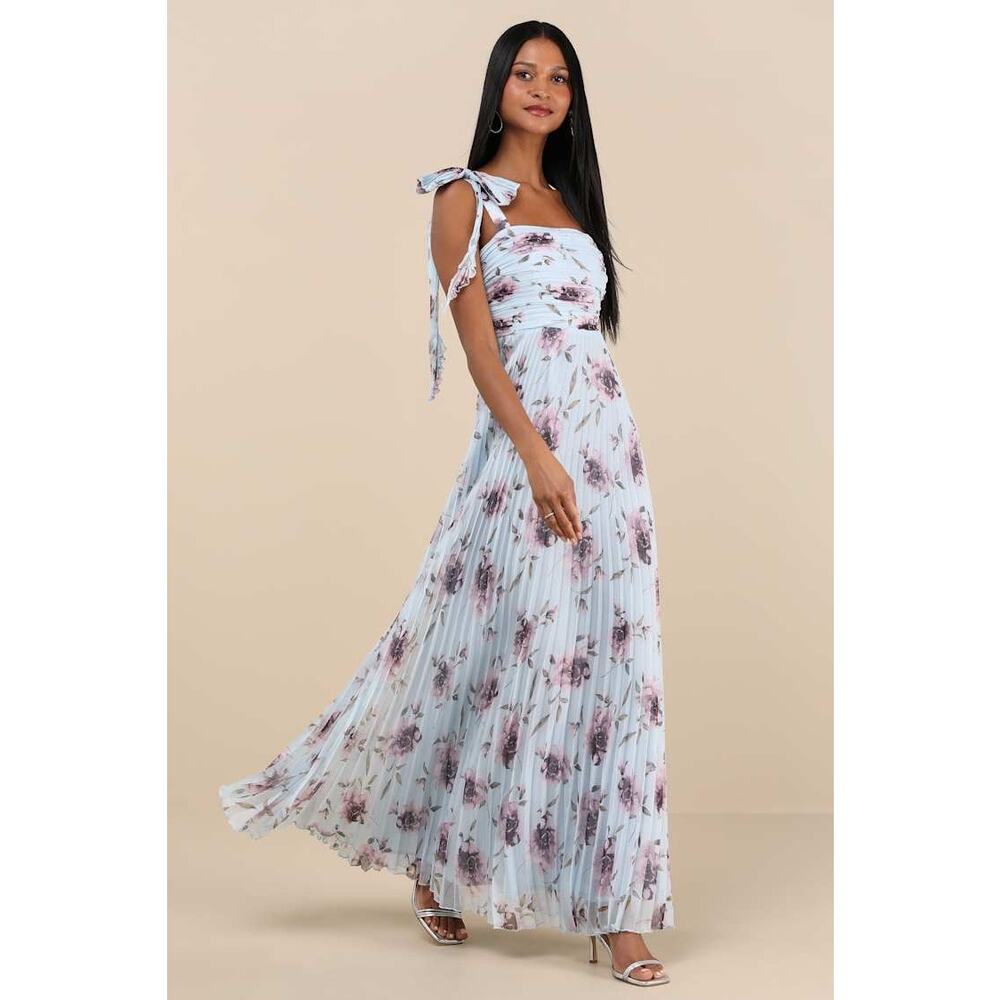 NWT Lulus Gorgeous Purpose Blue Floral Pleated Sleeveless Bow Maxi Dress Size XL - Picture 8 of 9